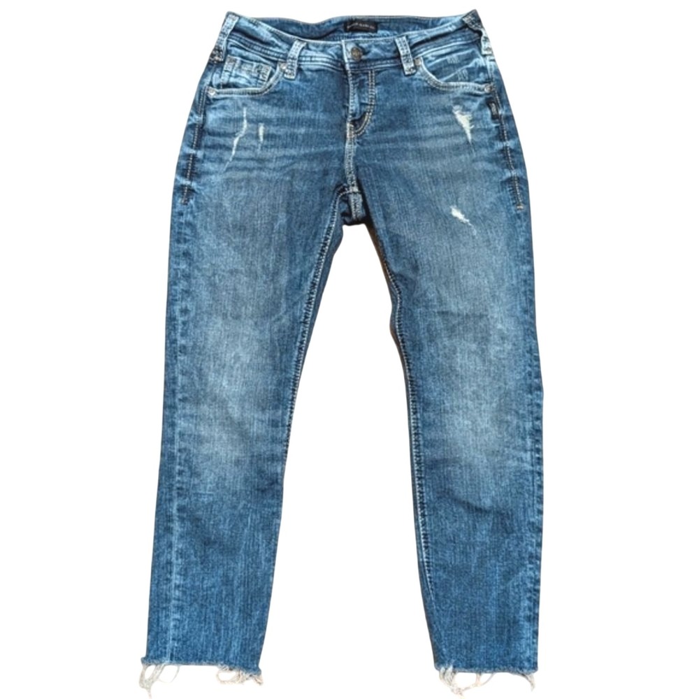 Silver Jeans Girlfriend Size 27 x 29 Skinny Ripped‎ Acid Wash Raw Hem Denim